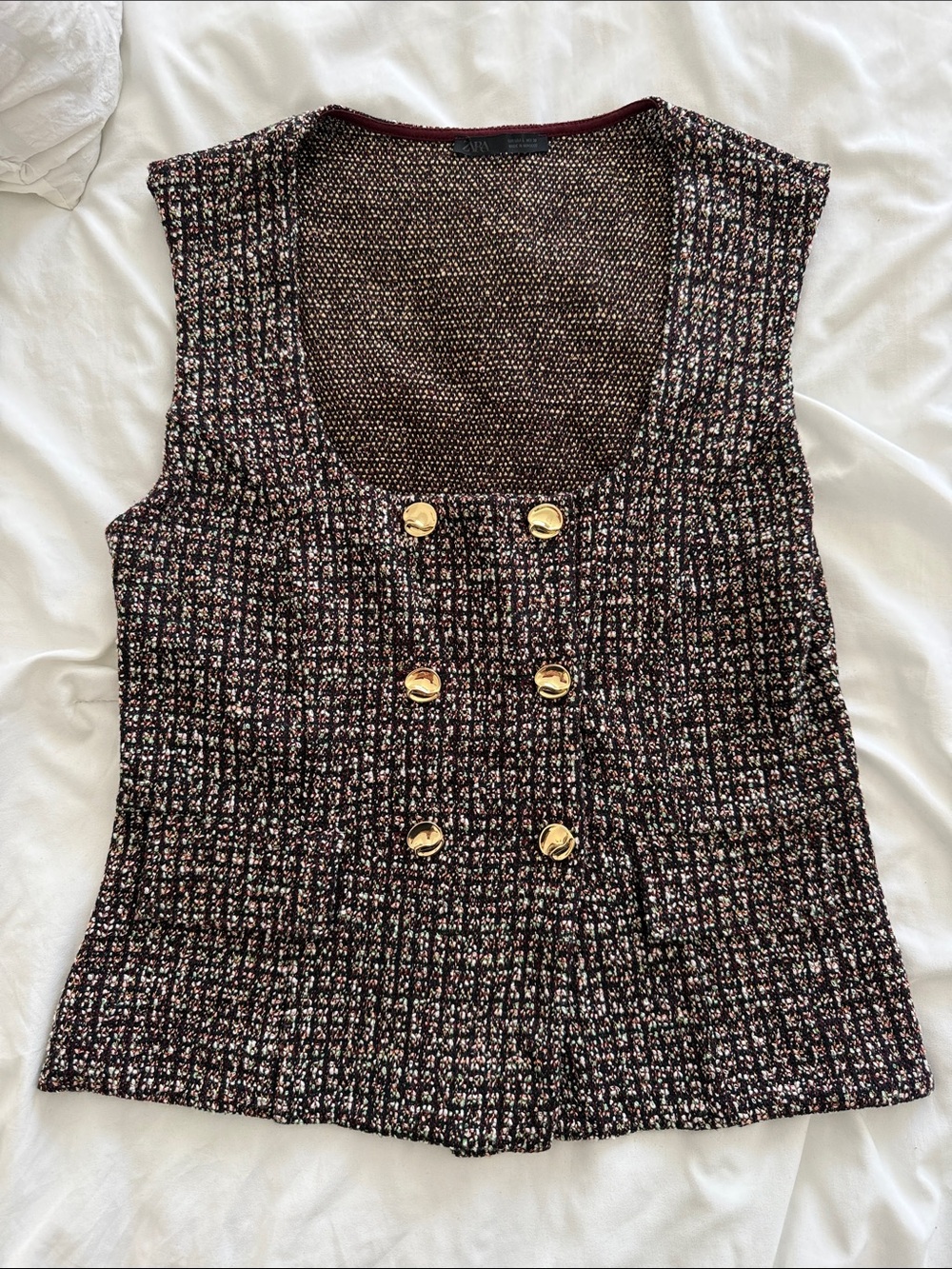 Zara Maroon Tweed Vest with Gold Buttons
